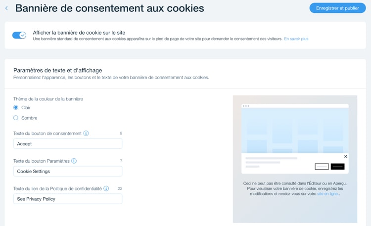 afficher une bannière de cookies sur wix