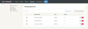 webador produkte hinzufügen