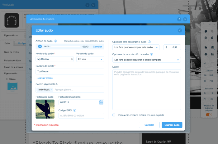 Wix administrador de audio.
