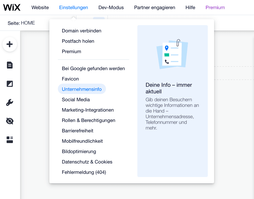 wix editor unternehmensinfo