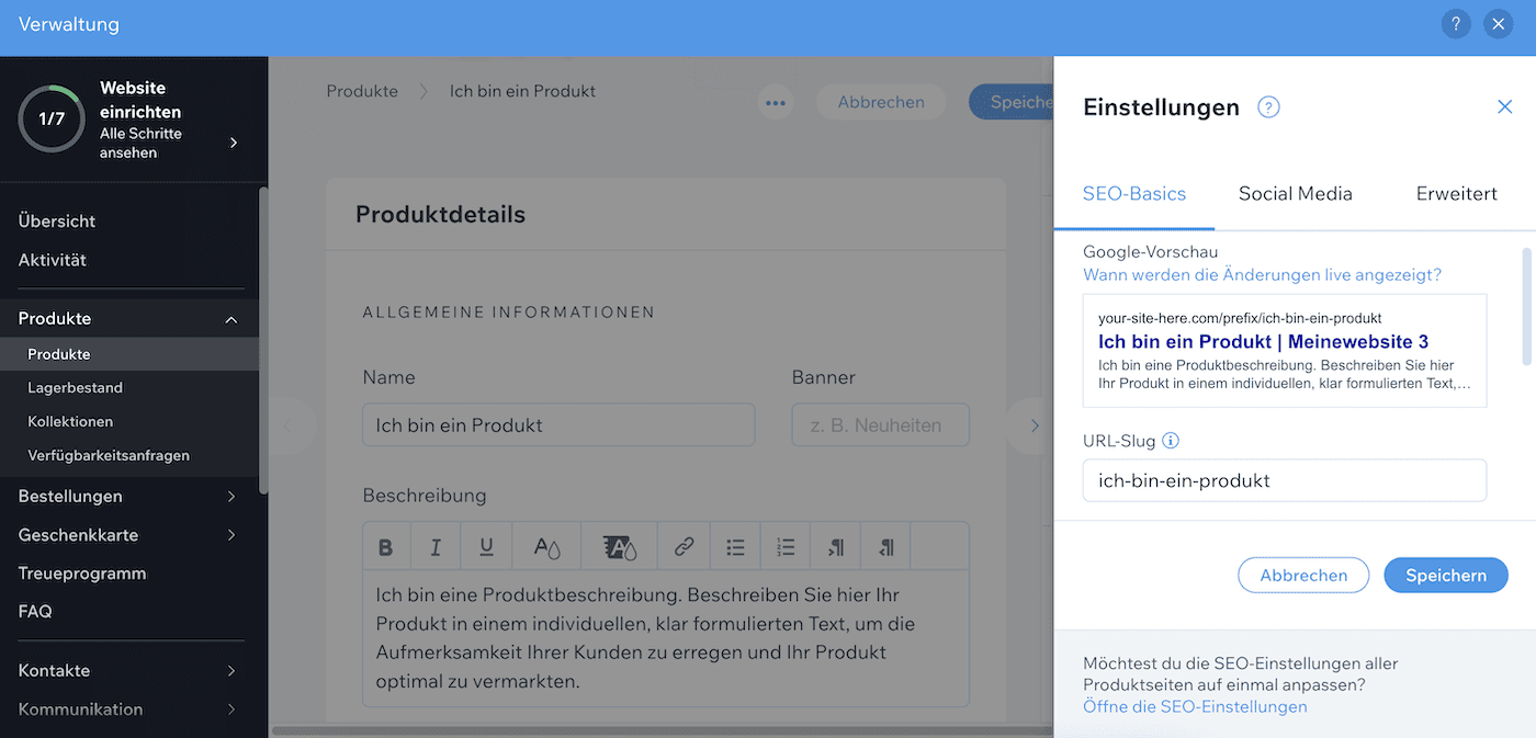 wix produkt seo einstellungen